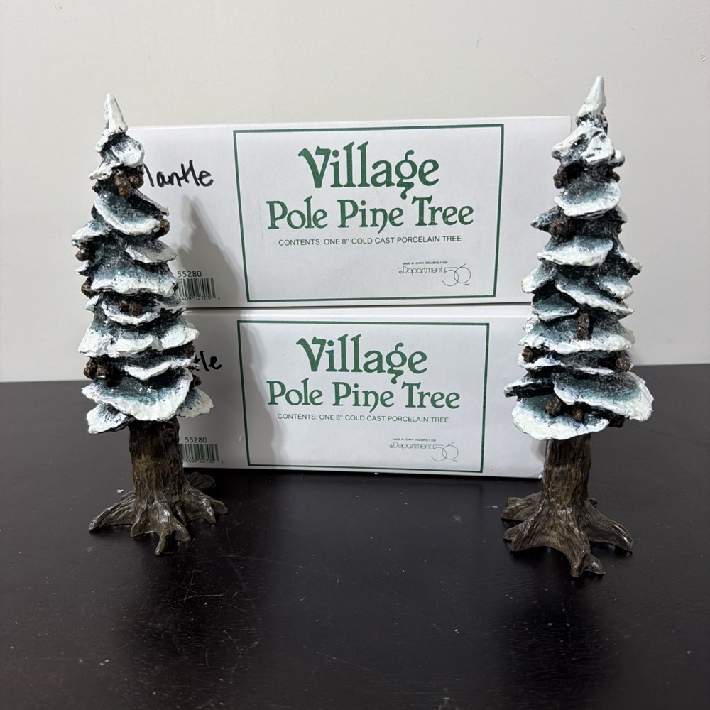 Set Of 2 Dept 56 Accessories Village Pole Pine Tree 8" Cold Cast Porcelain